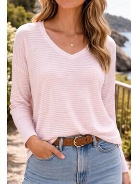 Cabi Serenity Tee Pink Stripe Long Sleeve Soft Girl Coastal Preppy